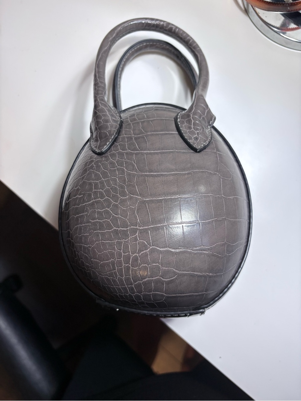 Gray Croc-Embossed Leather Tote Bag with Double Handles